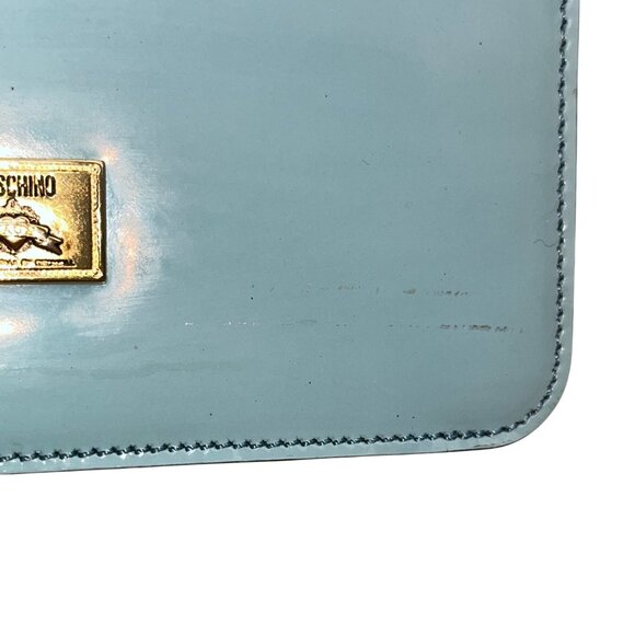 Moschino Women’s Light Blue Leather Gold Logo Hardware Structured Clutch Handbag - Picture 10 of 16